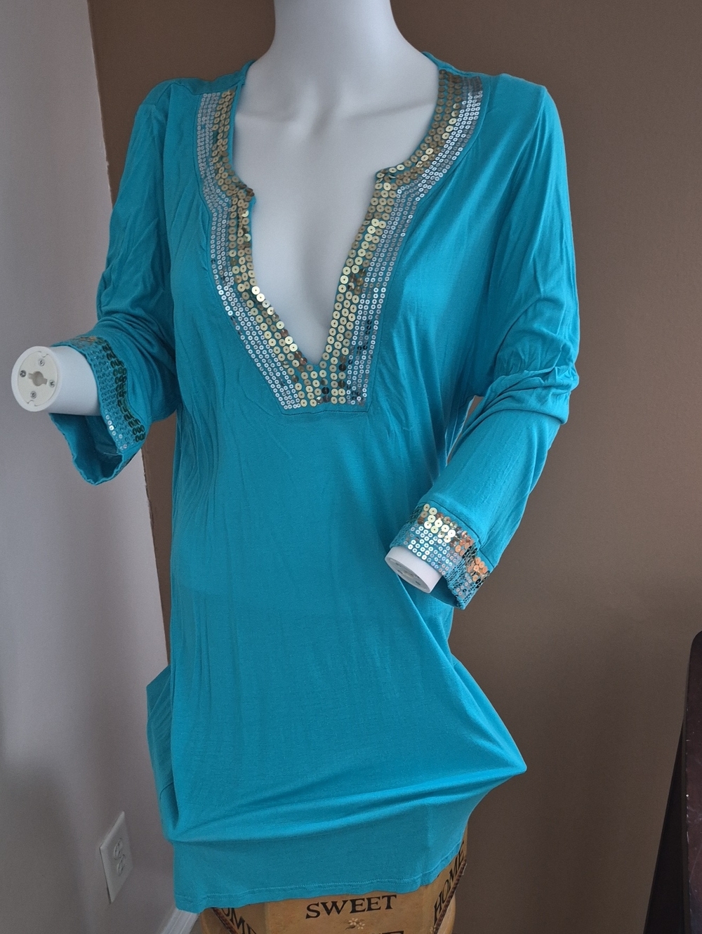 VENUS Turquoise Sequin V-Neck Tunic Cover UP